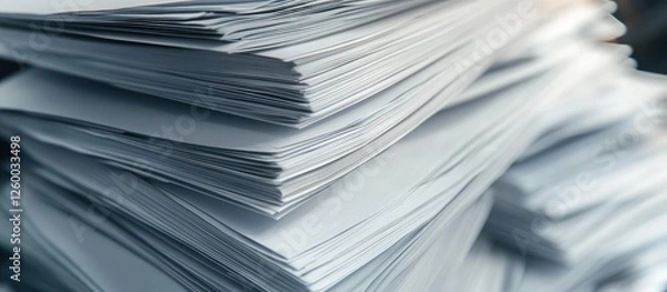 Fototapeta Close-up of neatly stacked white printer paper showcasing smooth edges and subtle texture in a blurred office background with soft grey tones