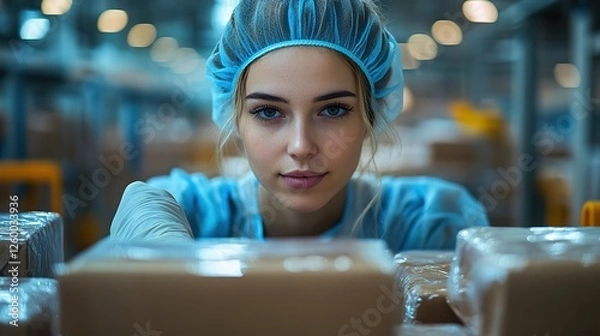Fototapeta a young woman worker dressed in sterile attire is inspecting packages that are prepared for deliver
