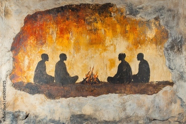 Fototapeta Four figures seated around a fire in a cave-like setting depicting ancient storytelling and community bonding