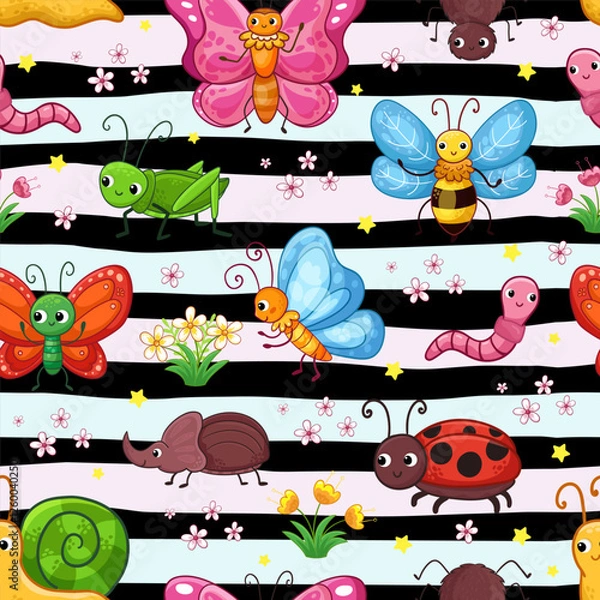 Fototapeta A playful seamless pattern with insects and a snail on a striped pastel background. Vector cartoon illustration
