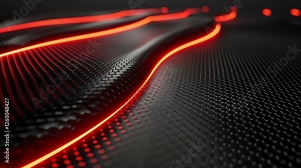 Fototapeta Abstract Red Neon Lines on a Black Honeycomb Patterned Surface Digital Art