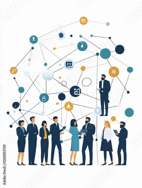 Fototapeta Professional business network illustration with interconnected nodes, people interacting, and communication icons.