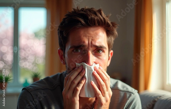 Fototapeta Man struggles with allergies: Using wipes to relieve symptoms