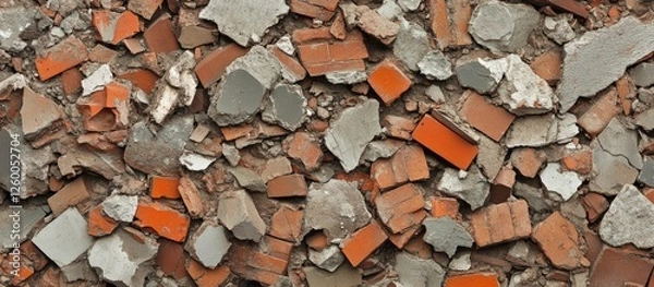 Fototapeta A large heap of construction waste featuring orange brick pieces, grey cement, and concrete fragments scattered throughout the image.