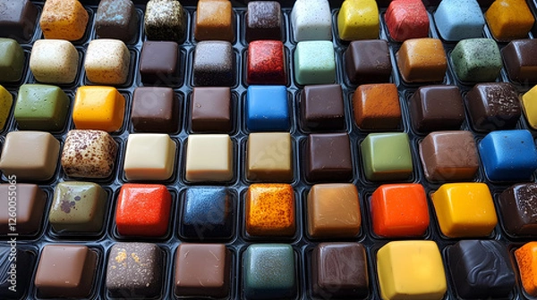 Fototapeta A vibrant assortment of chocolate squares arranged neatly, showcasing a variety of colors and textures, appealing to chocolate lovers