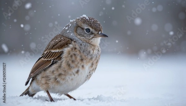 Fototapeta Close-up of a bird standing in the snow during a winter snowfall
