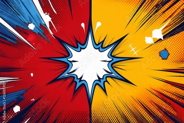 Fototapeta Cartoon comic background. Royalty high-quality free best stock of fight versus competition poster with halftone effect retro pop art style, light stripes for comics book, advertising design, poster