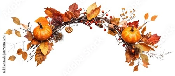 Fototapeta Wreath of autumn leaves in orange and brown with pumpkins and red berries curved on a white background for harvest and Halloween themes