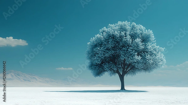 Obraz A lone tree in a desert, symbolic of resilience, minimalist style, with a focus on survival and hope, soft shadows 