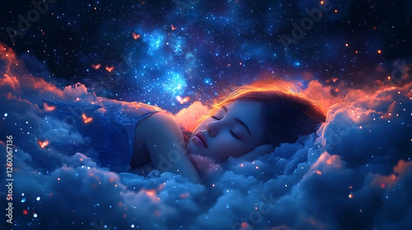 Obraz A person sleeping peacefully under a starry sky, photorealistic, with a focus on tranquility and rest, soft shadows, dreamy atmosphere 