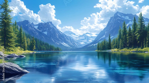 Fototapeta A pristine lake surrounded by towering mountains, realistic style, with crystal-clear water reflecting the sky, soft shadows, and a serene atmosphere 