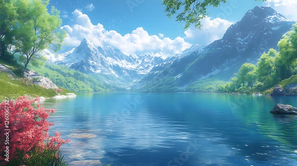 Fototapeta A pristine lake surrounded by towering mountains, realistic style, with crystal-clear water reflecting the sky, soft shadows, and a serene atmosphere 