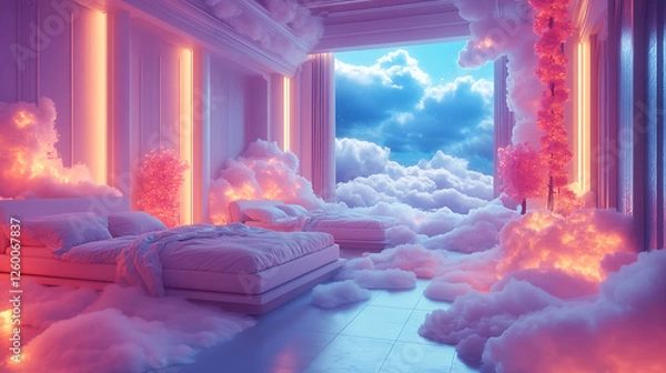 Fototapeta A surreal dreamscape with floating beds and clouds, fantasy style, with a focus on imagination and relaxation, glowing effects 