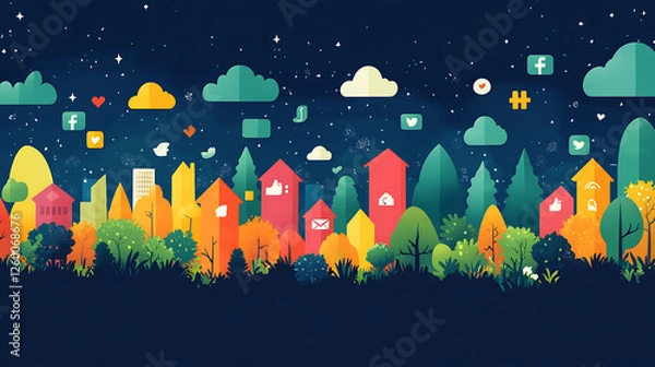 Fototapeta A timeline of Facebook's evolution, cartoon style, with bright colors, playful design, and a focus on growth and innovation 