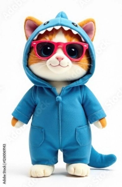 Fototapeta Plush toy cat in blue shark costume and color sunglasses. Trendy character, template for notebook, teenager's diary design, on white background