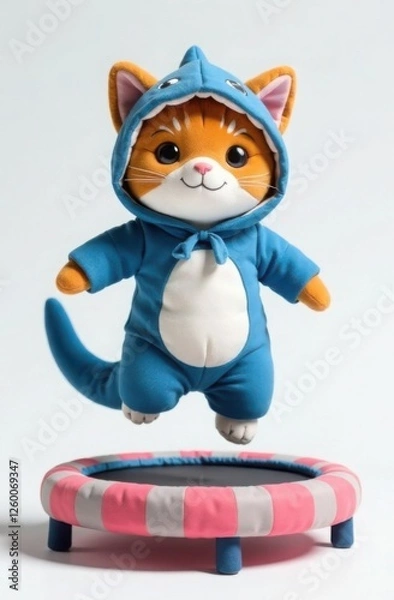 Fototapeta Plush toy cat in blue shark costume jumping on trampoline. Trendy character, template for notebook, teenager's diary design, on white background