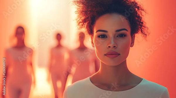 Fototapeta A woman leading a diverse team in a modern corporate setting, minimalist style, with clean lines, soft shadows, and a focus on collaboration and leadership 