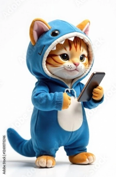 Fototapeta Plush toy cat in blue shark costume with smartphone. Trendy character, template for notebook, teenager's diary design, on white background