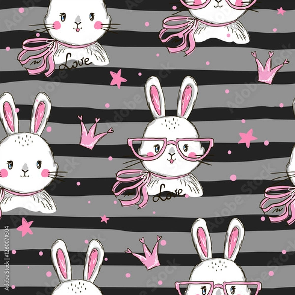 Fototapeta Seamless pattern with a cute cartoon bunny. Vector illustration. Creative childish background.