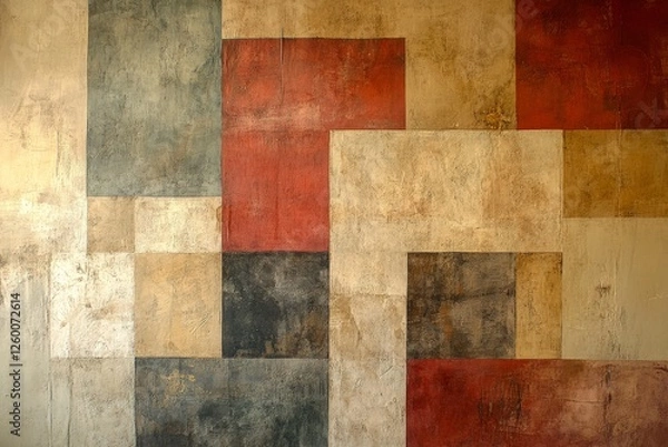 Fototapeta Abstract wall art featuring geometric shapes in warm tones and muted colors in a modern interior setting