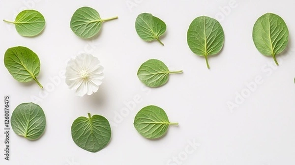 Obraz Andrographis paniculata plant with several vibrant leaves and one white flower in full bloom, captured on a plain white background with copy space for text. Andrographis paniculata, plant, flower, 