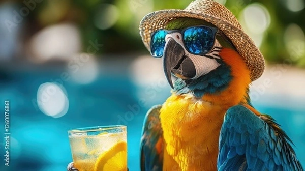 Obraz Colorful parrot wearing sunglasses and a straw hat enjoys refreshing drink by a swimming pool on a sunny day