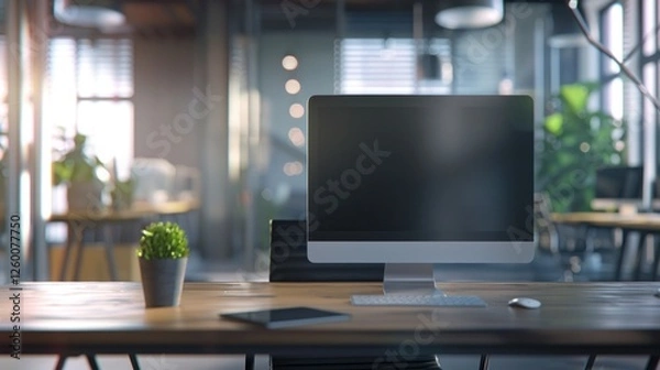 Fototapeta Modern Office Workspace: Desk with Computer, Minimalist Design, and Natural Light