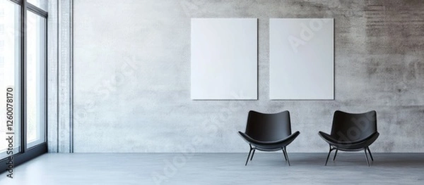 Obraz Minimalist room with two blank white poster frames on concrete wall, black chairs positioned side by side, bright natural light from large windows.