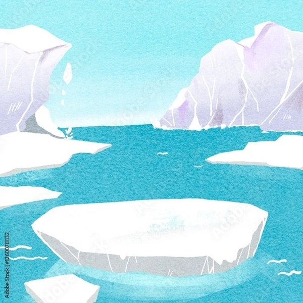Fototapeta 温暖化の影響で氷山が溶けてきて流氷が浮かんでいる、北極の風景イラスト