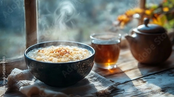 Fototapeta A cozy breakfast scene featuring a steaming bowl of Bubur Ketan Hitam, served with a cup of herbal tea, placed by a window with morning sunlight streaming in, rustic aesthetics, soft-focus background,