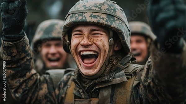 Obraz Soldiers celebrate victory with joy after completing their military training in a forest setting during the day