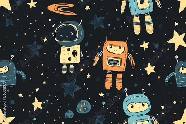 Obraz Children's pattern with little robots and stars in space style on a dark background, textures, patterns