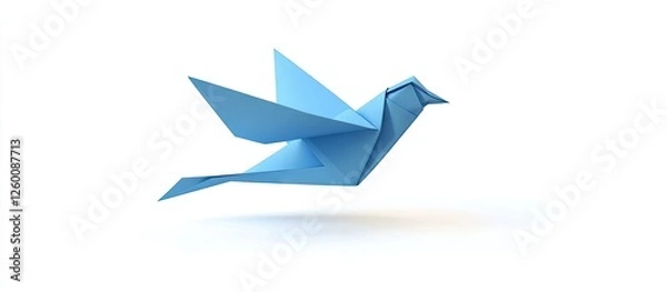 Fototapeta Blue origami dove in flight positioned slightly right against a clean white background highlighting its sleek folded design and vibrant color.