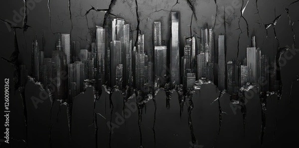Fototapeta An abstract grayscale cityscape emerging from broken textured earth