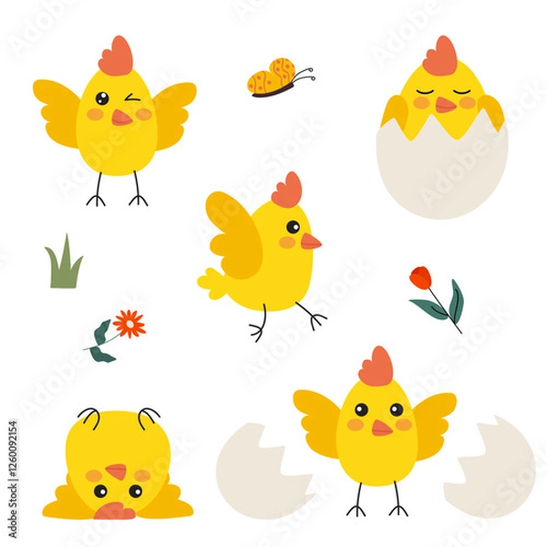 Fototapeta A cute set of funny baby chicks in various poses—some hatching from eggs, some sleeping in eggshells, and others joyfully playing. Perfect for Easter designs, children's illustrations, and decorations