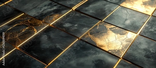 Fototapeta Golden and dark marble tiles with glowing edges in a diagonal pattern highlighting intricate veining and textures in luxurious tones