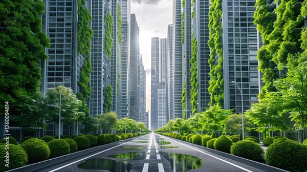 Fototapeta Modern high-rise buildings on both sides of the frame, sleek gla