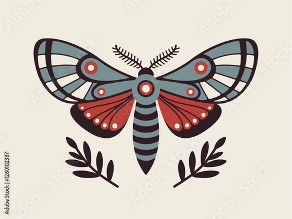 Fototapeta Vibrant Moth Vector Illustration with Blue, Red, Black, and White Color Palette
