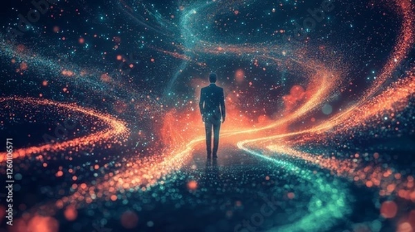 Fototapeta Journey Through Space and Light, Man Walking in Cosmic Background
