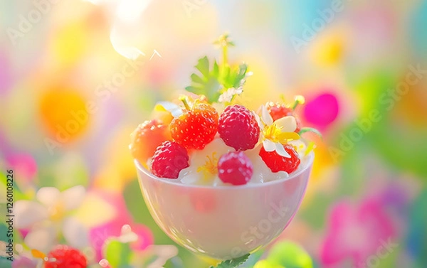 Obraz Delicious Dessert with Fresh Berries and Edible Flowers in a Bright Setting

