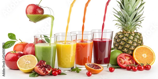 Fototapeta Assortment of colorful fresh fruit juices with pomegranates, oranges, apples, and pineapples, arranged in an aesthetic row for a vibrant look.