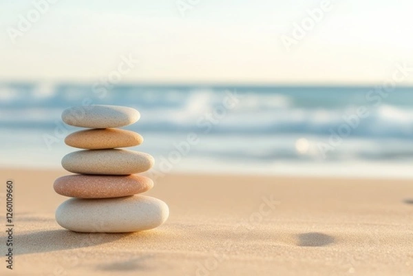 Fototapeta Stacked stones create balance on sandy beach with gentle ocean w