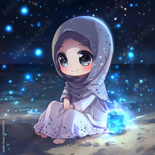 Obraz Adorable Chibi Girl in Hijab Sitting Under a Magical Starry Night Sky

