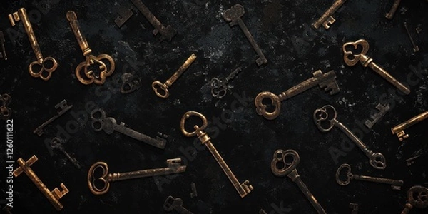Fototapeta Various old and ornate keys scattered on a dark surface