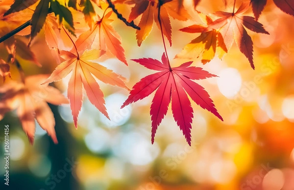 Obraz Vibrant Red Maple Leaf Hanging Gracefully in Autumn Sunlight

