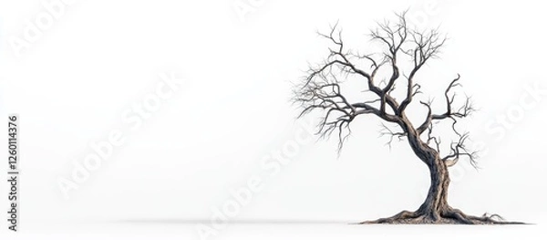 Fototapeta Half-dead tree with sparse branches on the left against white background, showcasing contrast of life and decay with dry textures and shadows.
