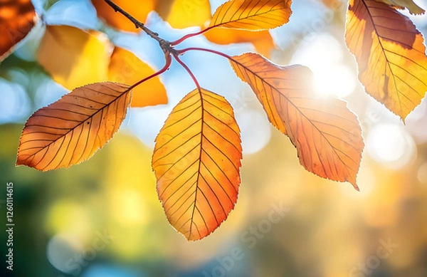 Obraz Golden Autumn Leaves Glowing in Warm Sunlight with a Blurred Background


