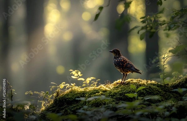 Obraz Bird Standing Gracefully on Moss-Covered Ground in a Misty Forest

