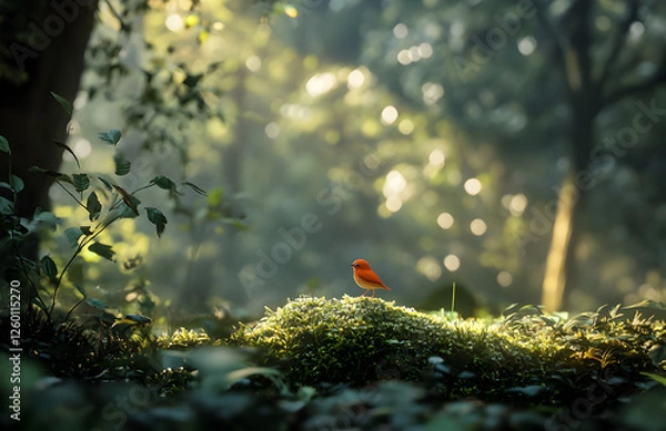 Obraz Tiny Red Bird Perched on Moss in a Sun-Dappled Forest

