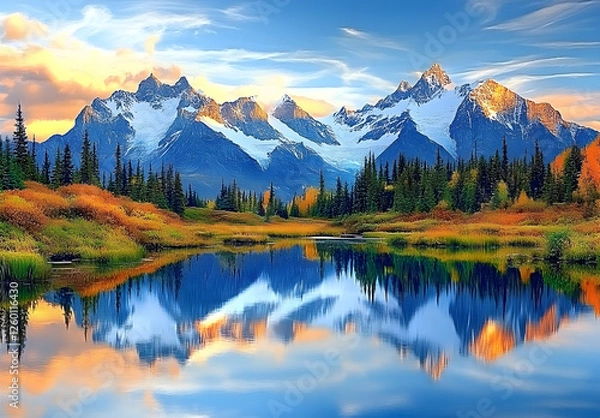 Obraz Majestic Snow-Capped Mountains Reflecting on Tranquil Water Under a Vibrant Sky

